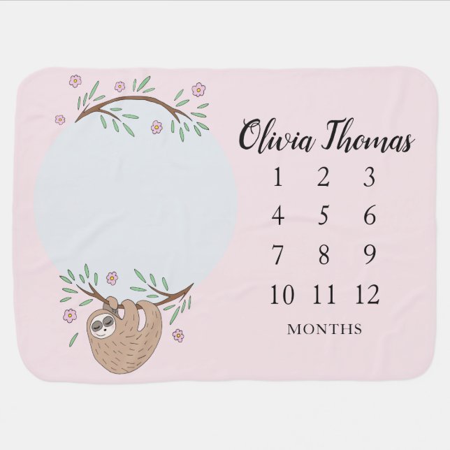 Girls Cute Sleeping Sloth Animal and Name Baby Blanket (Horizontal)