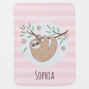 Girls Cute Sleeping Sloth Animal and Name Baby Blanket