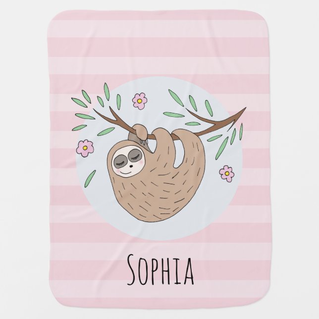 Girls Cute Sleeping Sloth Animal and Name Baby Blanket (Front)