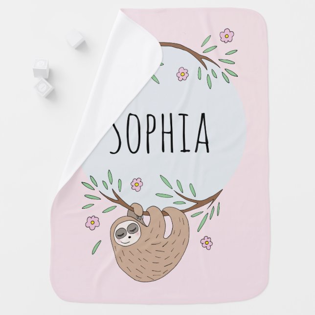 Girls Cute Sleeping Sloth Animal and Name Baby Blanket