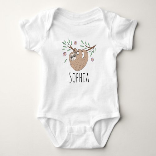 Girls Cute Sleeping Sloth Animal and Name Baby Bodysuit