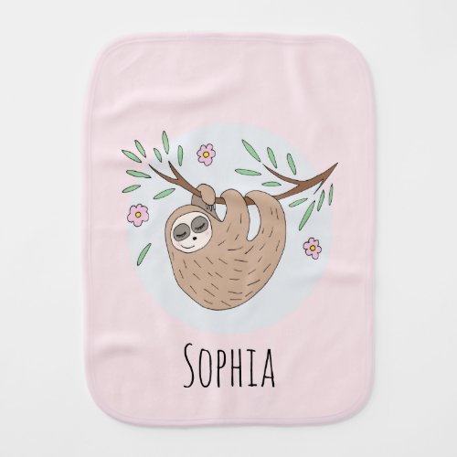 Girls Cute Sleeping Sloth Animal and Name Baby Burp Cloth