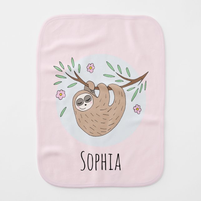 Girls Cute Sleeping Sloth Animal and Name Baby Burp Cloth (Front)