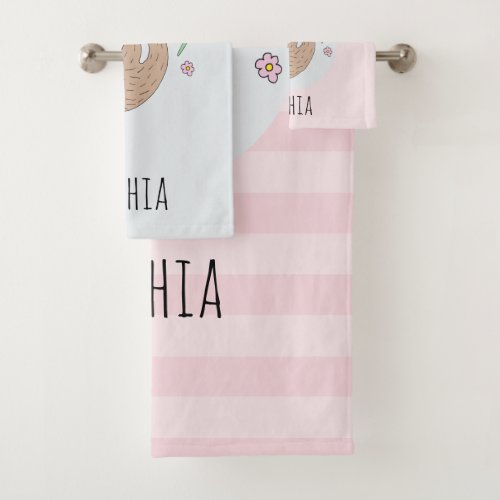 Girls Cute Sleeping Sloth Animal and Name Kids Bath Towel Set