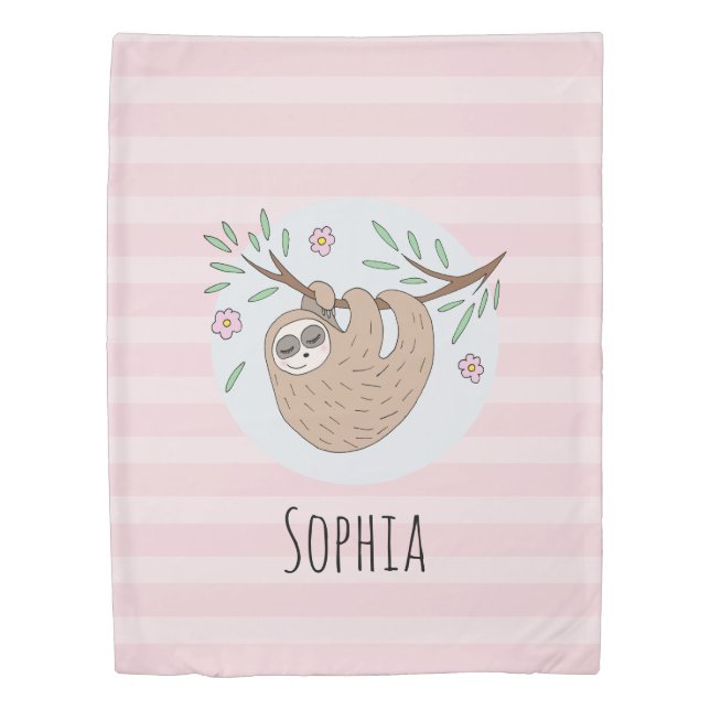Girls Cute Sleeping Sloth Animal and Name Kids Duvet Cover (Front)