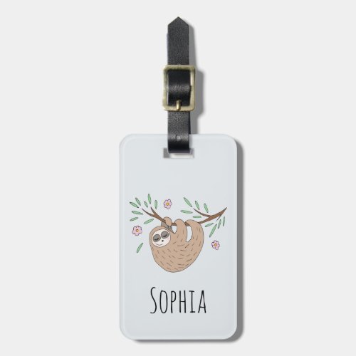 Girls Cute Sleeping Sloth Animal and Name Kids Luggage Tag