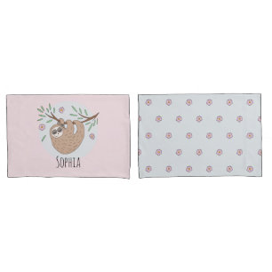 Girls Cute Sleeping Sloth Animal and Name Kids Pillow Case