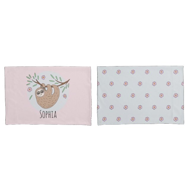 Girls Cute Sleeping Sloth Animal and Name Kids Pillow Case (Front-Set)