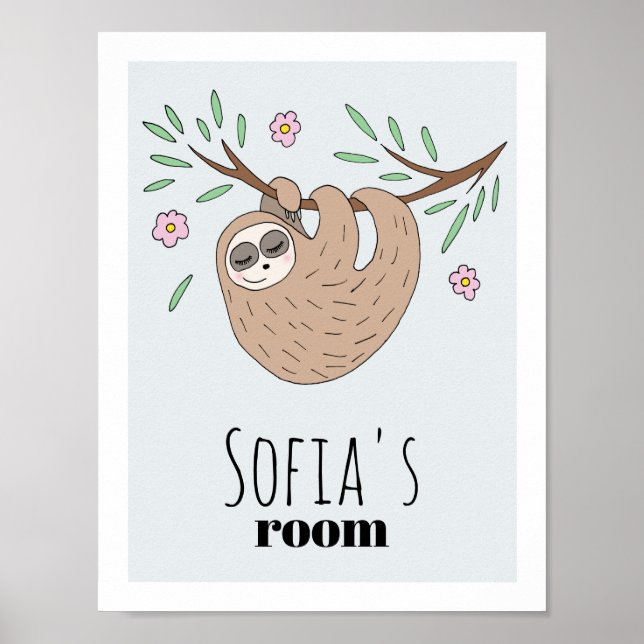Girls Cute Sleeping Sloth Animal and Name Kids Poster (Front)