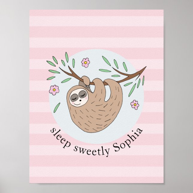 Girls Cute Sleeping Sloth Animal and Name Kids Poster (Front)