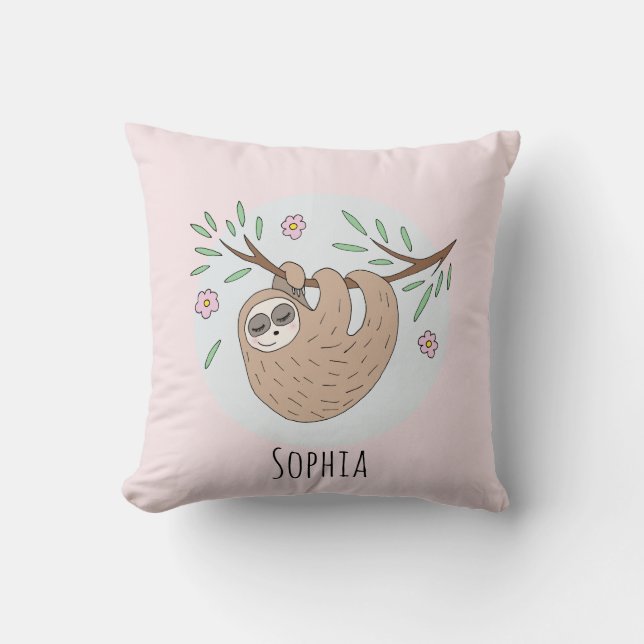 Girls Cute Sleeping Sloth Animal and Name Kids Throw Pillow (Front)