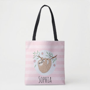 Girls Cute Sleeping Sloth Animal and Name Kids Tote Bag