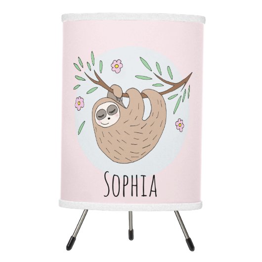 Girls Cute Sleeping Sloth Animal and Name Kids Tripod Lamp (Front)