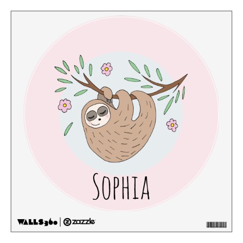 Girls Cute Sleeping Sloth Animal and Name Kids Wall Decal