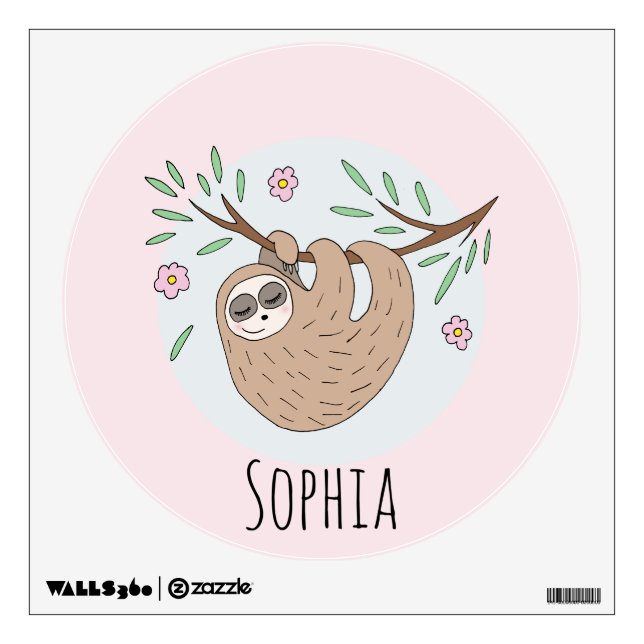 Girls Cute Sleeping Sloth Animal and Name Kids Wall Decal (Front)