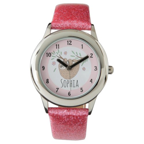 Girls Cute Sleeping Sloth Animal and Name Kids Watch