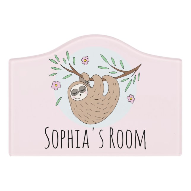 Girls Cute Sleeping Sloth Animal Kids Nursery Door Sign (Small Crest Front)