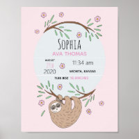 Girls Cute Sleeping Sloth Birth Stats Baby Nursery Poster