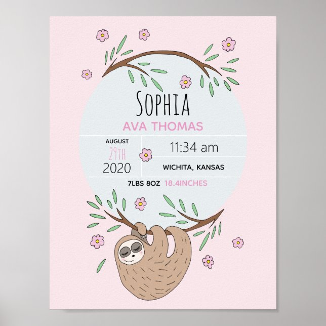 Girls Cute Sleeping Sloth Birth Stats Baby Nursery Poster (Front)