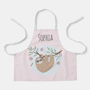 Girls Cute Sleeping Sloth Flowers and Name Kids Apron