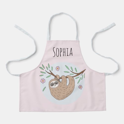 Girls Cute Sleeping Sloth Flowers and Name Kids Apron