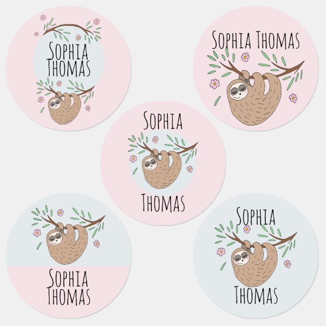 Girls Cute Sleeping Sloth Flowers and Name Kids' Labels (Group)