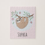 Girls Cute Sleeping Sloth with Name Kids Jigsaw Puzzle<br><div class="desc">This cute and modern kids puzzle design features a beautiful,  hand-drawn sleeping sloth doodle with flowers and leaves. This lovely pink design also features a place for you to add your girl's name. The perfect jungle-themed gift for any sloth lover!</div>