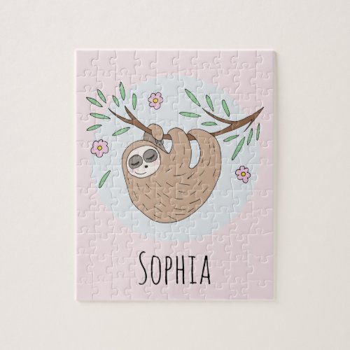 Girls Cute Sleeping Sloth with Name Kids Jigsaw Puzzle