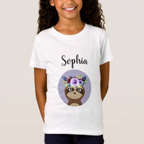Girls Cute Sloth Cartoon Watercolor Flowers  Name T_Shirt