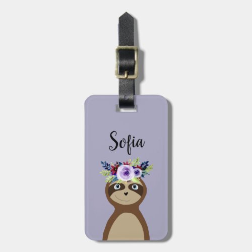 Girls Cute Sloth Watercolor Flowers and Name Luggage Tag