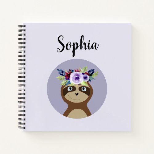Girls Cute Sloth Watercolor Flowers and Name Notebook