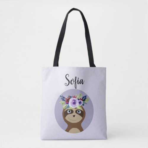 Girls Cute Sloth Watercolor Flowers  Name Tote Bag