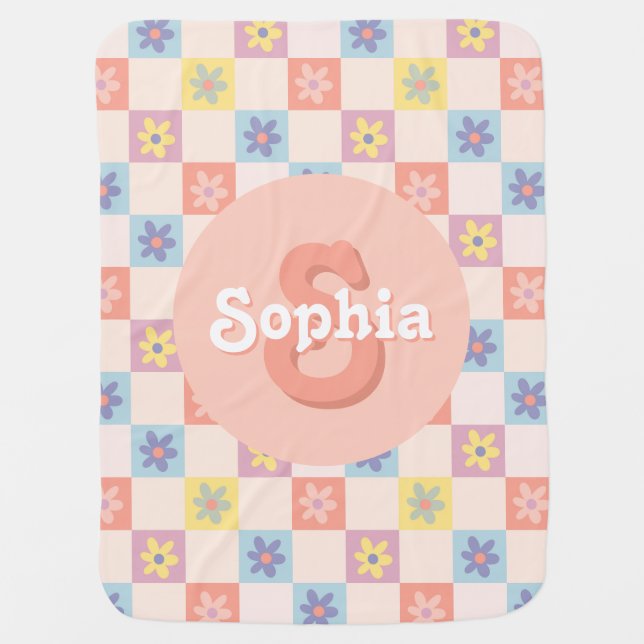 Girls Cute Soft Pink Retro 70s Monogram Baby Blanket (Front)