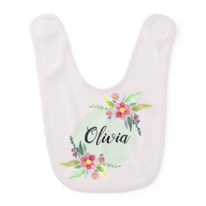 Girls Cute Spring Botanical Flowers and Name Baby Bib