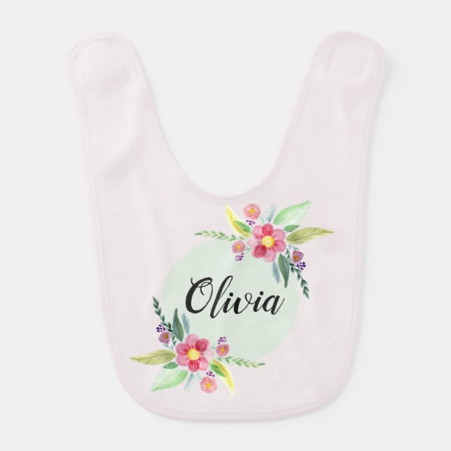 Girls Cute Spring Botanical Flowers and Name Baby Bib (Front)