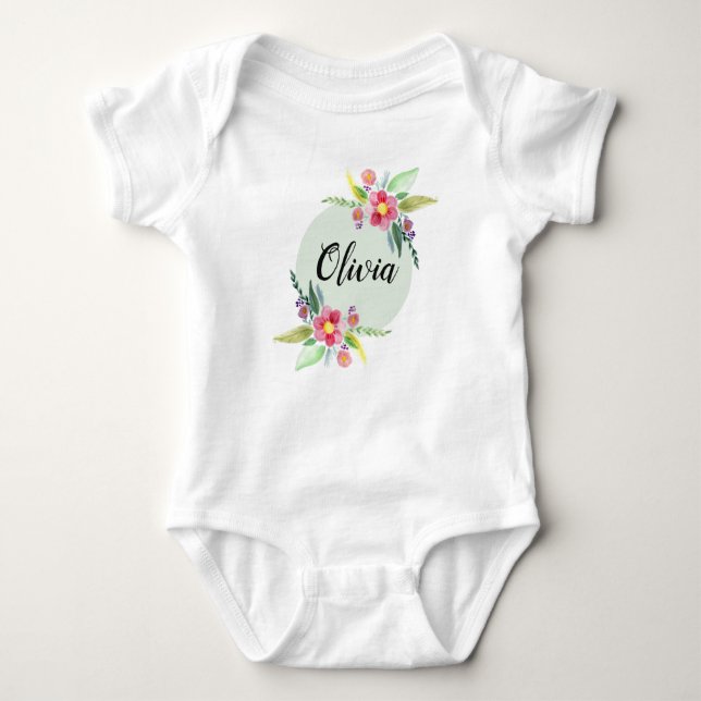 Girls Cute Spring Botanical Flowers and Name Baby Bodysuit (Front)