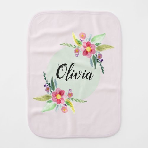 Girls Cute Spring Botanical Flowers and Name Baby Burp Cloth