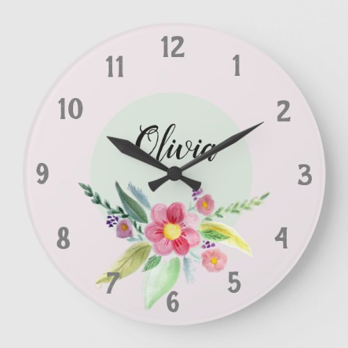 Girls Cute Spring Botanical Flowers and Name Kids Large Clock