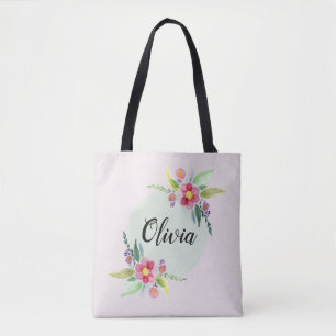 Girls Cute Spring Botanical Flowers and Name Kids Tote Bag