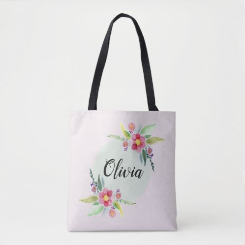 Girls Cute Spring Botanical Flowers and Name Kids Tote Bag