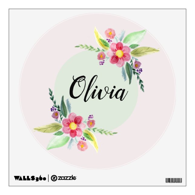 Girls Cute Spring Botanical Flowers and Name Kids Wall Decal (Front)