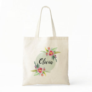 Girls Cute Spring Botanical Flowers and Name Tote Bag