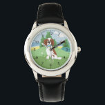 Girls Cute Springer Spaniel Dog with Name Kids Watch<br><div class="desc">This cute blue modern kids watch features an adorable springer spaniel puppy dog cartoon with hills and a beach in the background and has space for you to add your girls name. With clear, easily readable numbers, this 'first' watch is great for kids or toddlers just starting out on learning...</div>