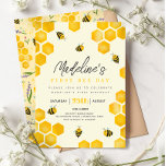Girls Cute Summer First Bee Day 1st Birthday Invitation<br><div class="desc">This whimsical and modern girls 1st birthday ‘first bee day’ invitation features a cute honey bee design, with honeycomb, and can be personalized with all the information you need for your child's first party in a cute typography. The invite also features a matching floral bee pattern on the back. The...</div>