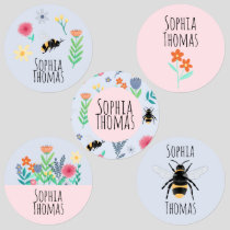 Girls Cute Summer Flowers & Bee School Name Kids' Labels