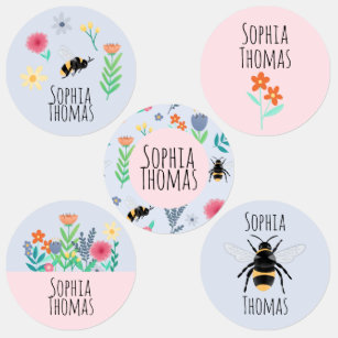 Girls Cute Summer Flowers & Bee School Name Kids' Labels