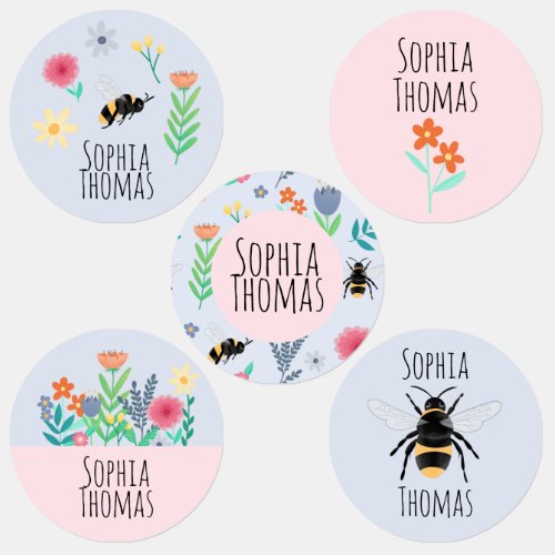 Girls Cute Summer Flowers  Bee School Name Kids Labels