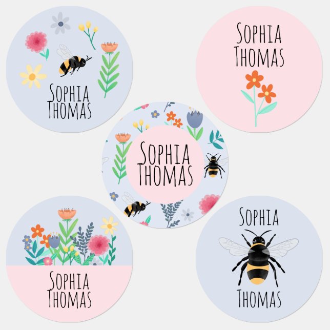 Girls Cute Summer Flowers & Bee School Name Kids' Labels (Group)