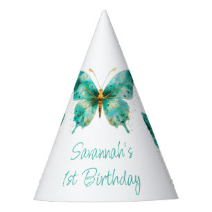 Girls Cute Teal Green Butterfly 1st Birthday Party Hat