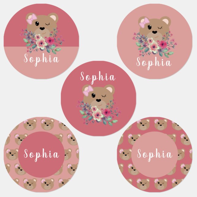 Girls Cute Teddy Bear Pink Name Kids' School Labels (Group)